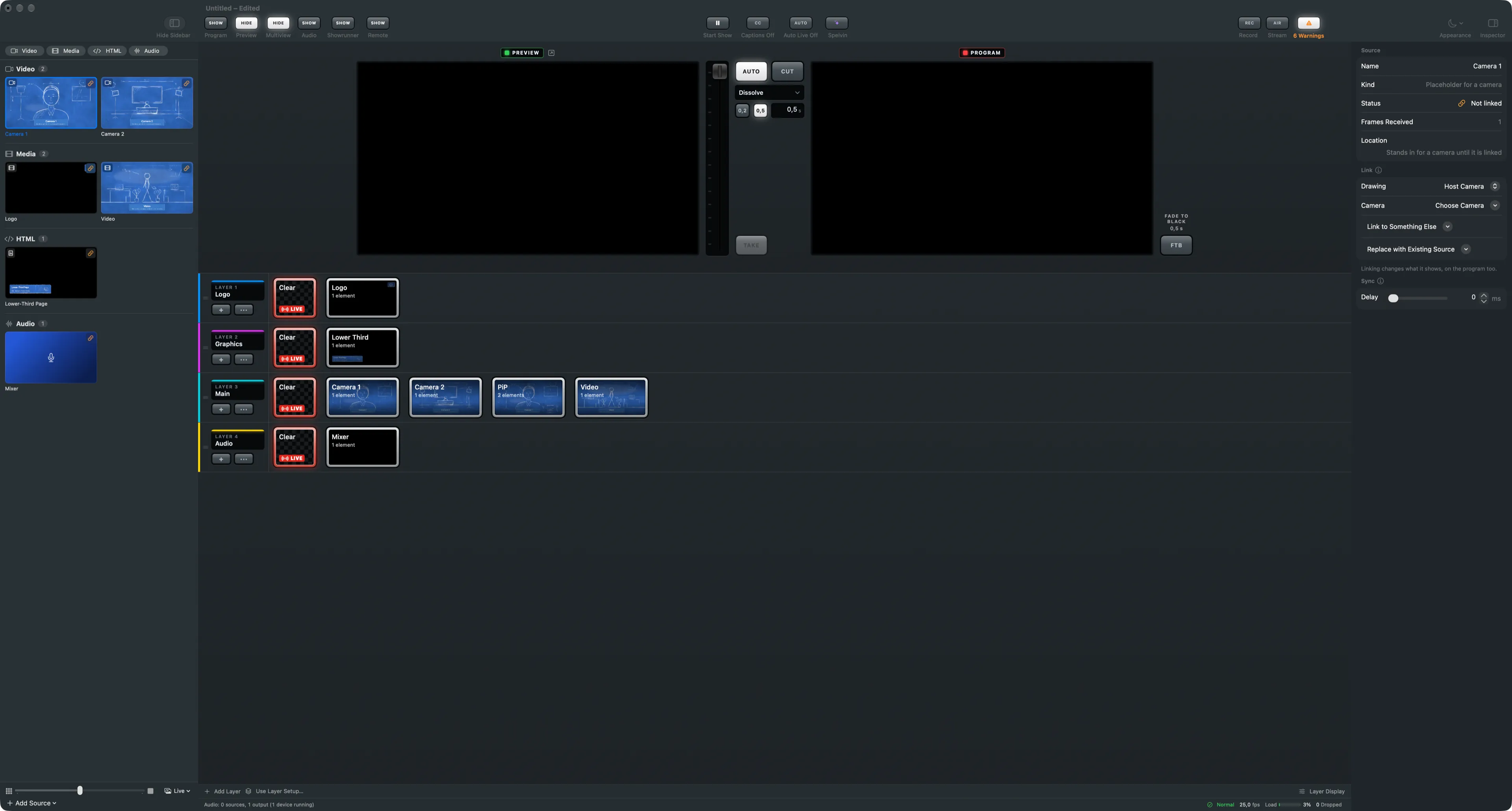 A stand-in selected in the sidebar, showing its storyboard drawing, with the inspector’s Link section on the right