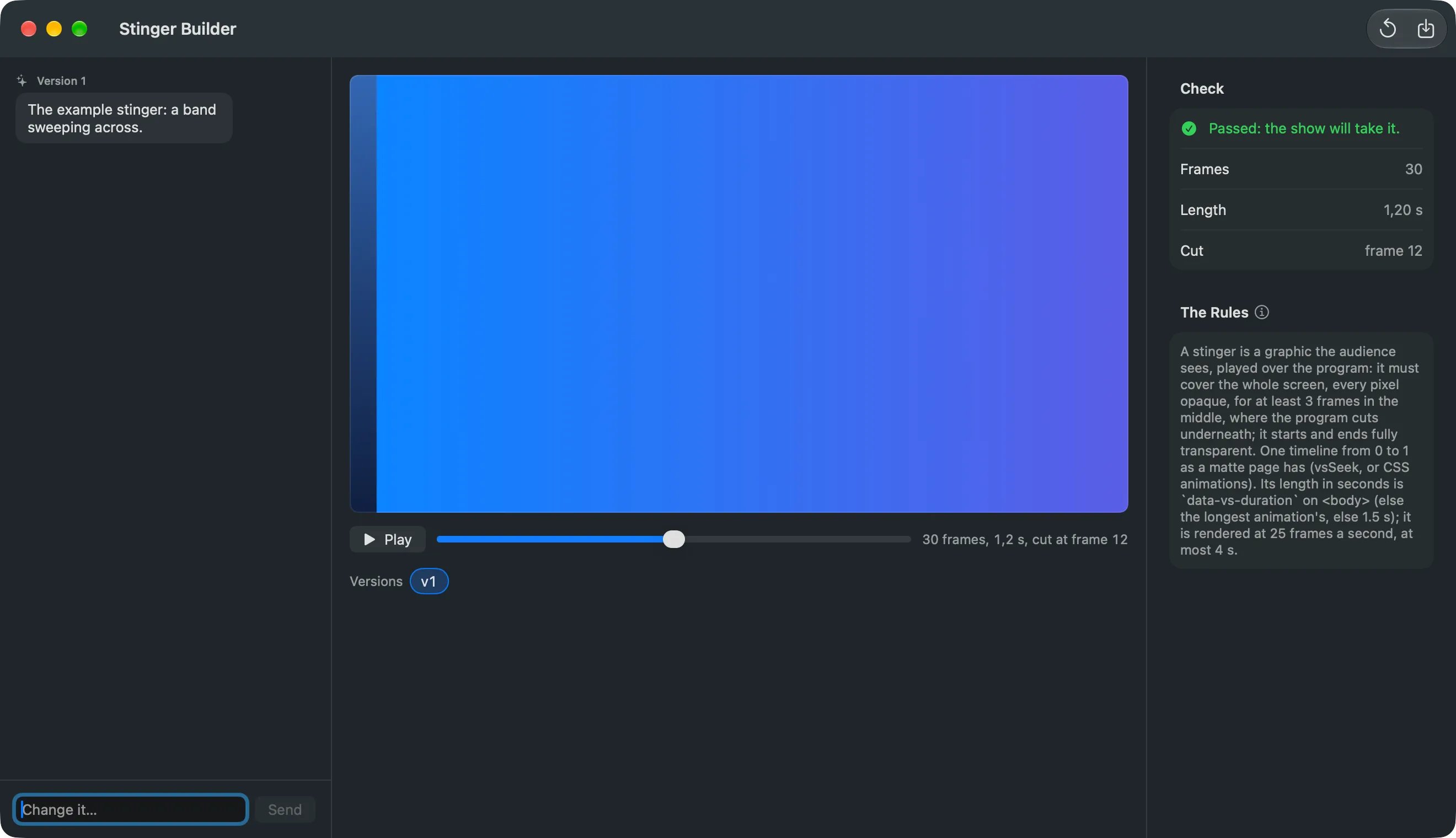 The Stinger Builder: the conversation on the left, the preview between the OLD PICTURE and NEW PICTURE test pictures with Play and a slider, the Check panel on the right