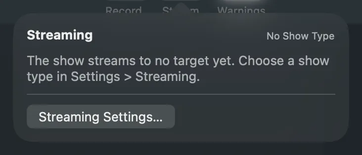 The Stream popover: Show Type: Webinar, two targets marked Ready with a Start button each, and Start Streaming at the bottom