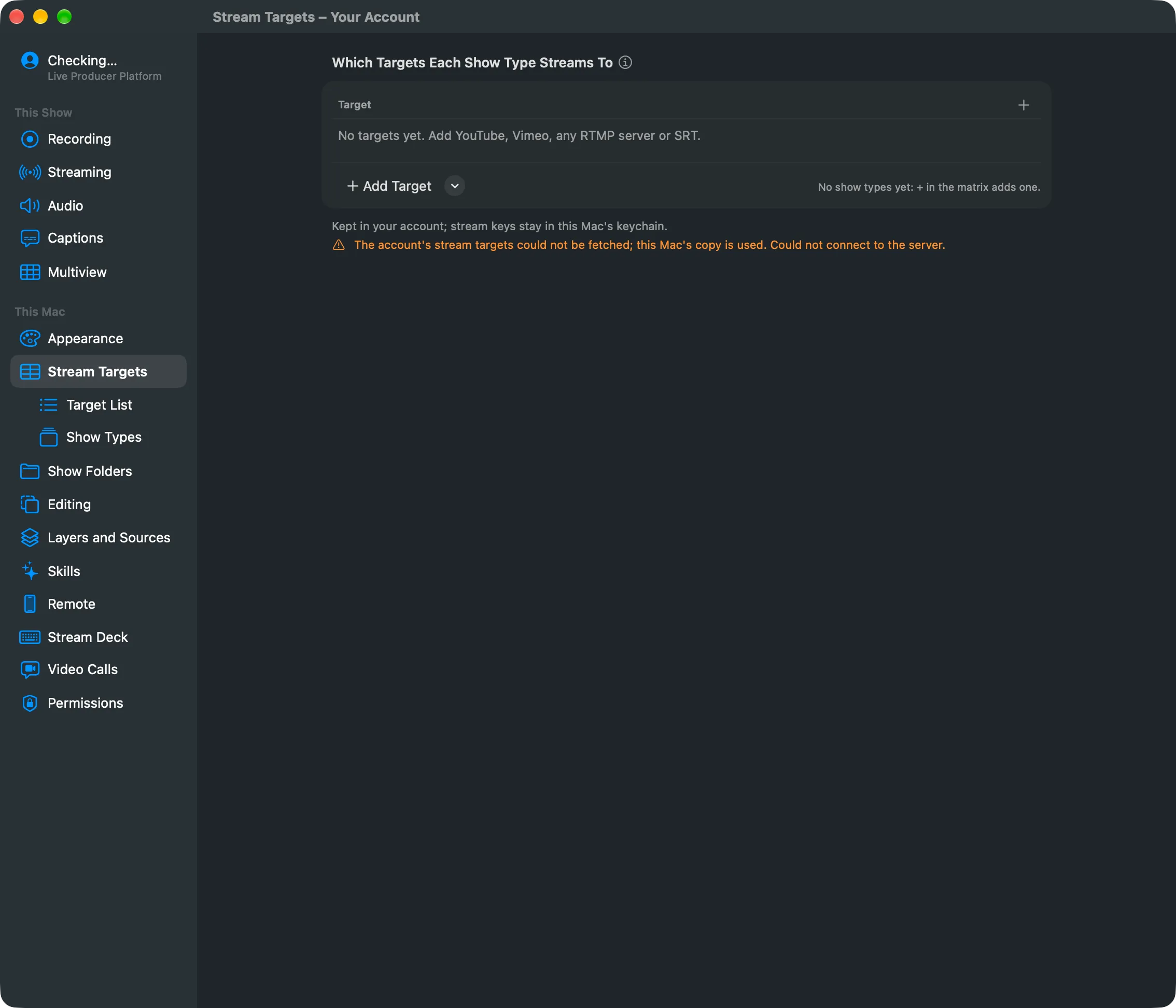 Settings on the Stream Targets page: a matrix with the targets as lettered rows, the show types as numbered columns, and a checkbox where a target is in a show type