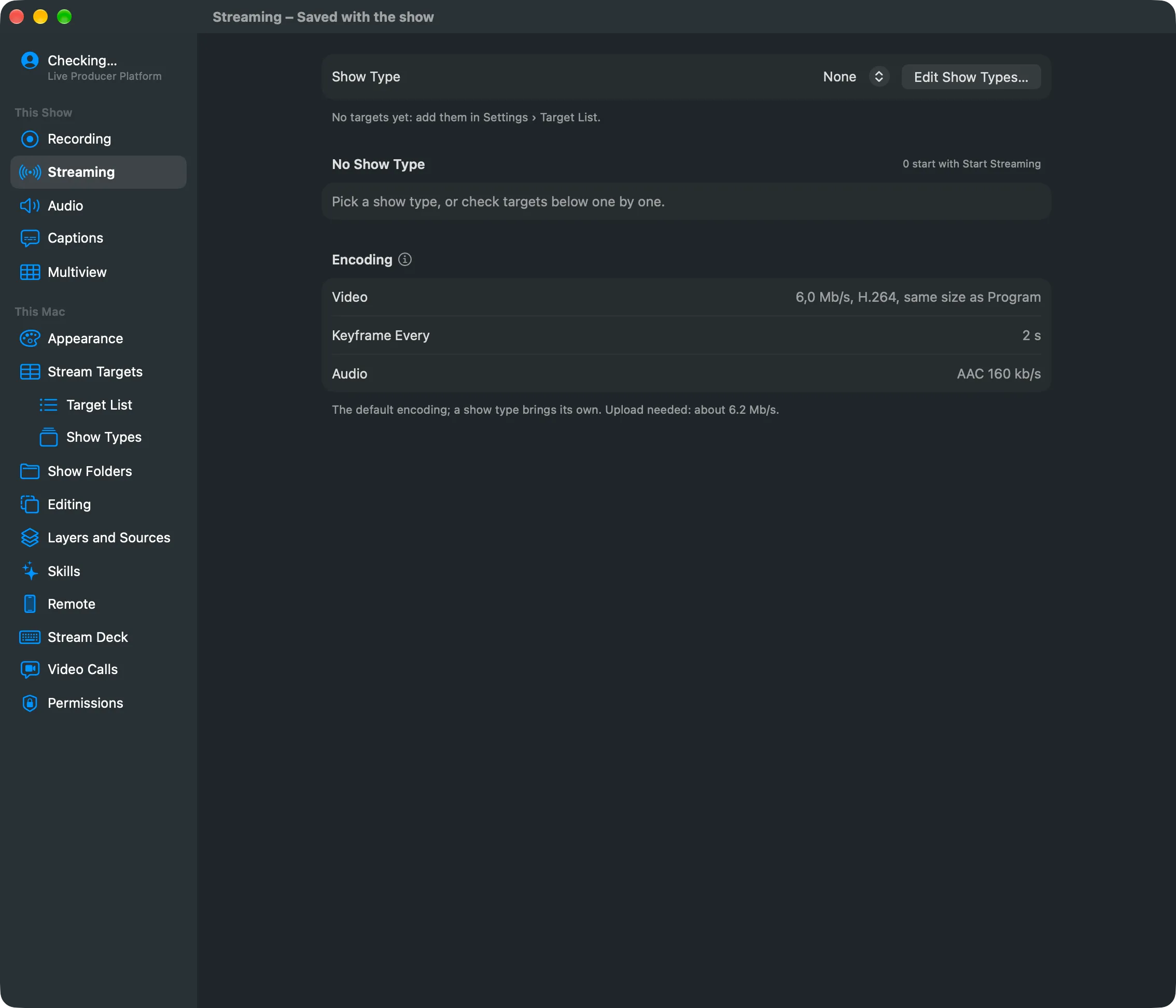 Settings on the Streaming page: the Show Type picker set to Webinar, its two targets with their state, Other Targets, and the read-only Encoding