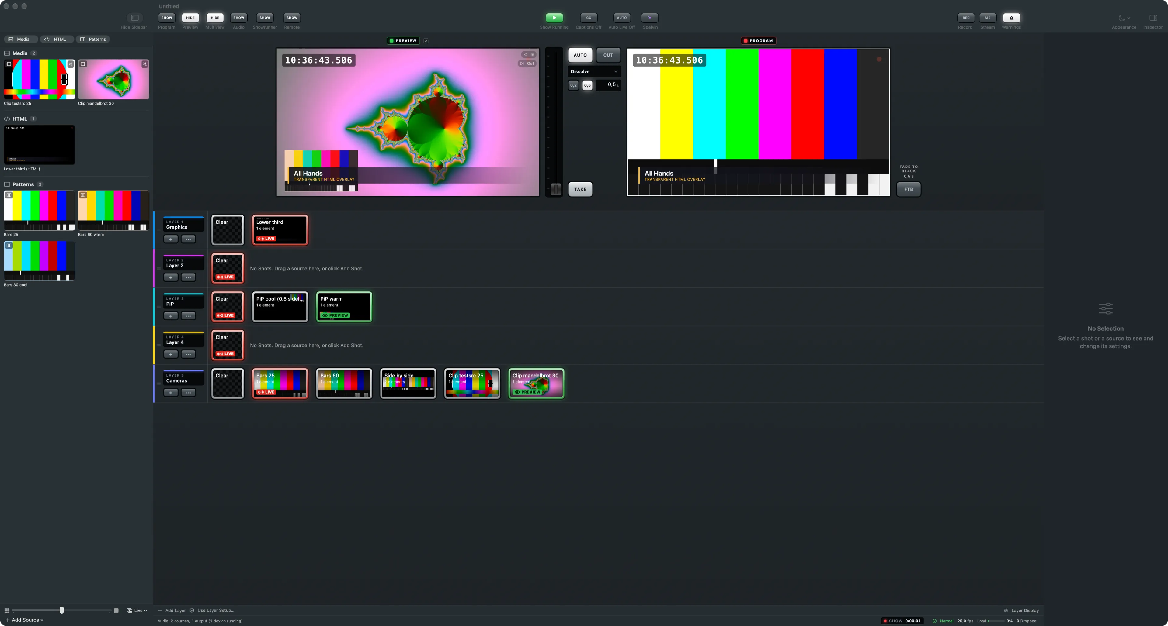 Live Producer Studio’s main window with the demo show, the part the operator works in