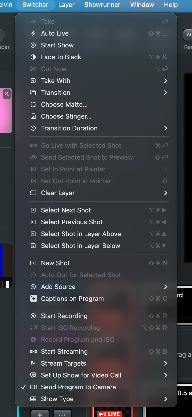 The Switcher menu, each command with its shortcut beside it