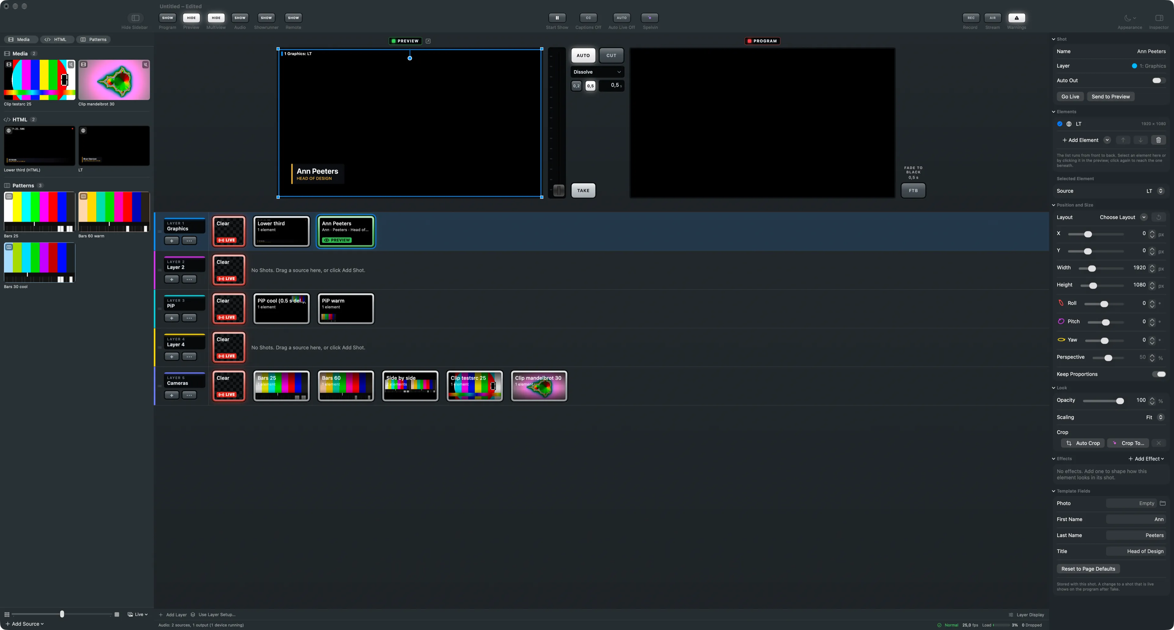 A lower-third shot selected, the program showing the lower third and the inspector showing its Template Fields