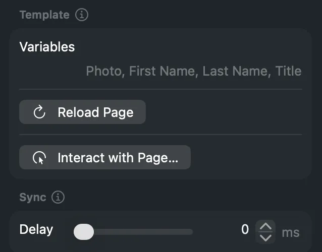 The inspector’s Template section for the page: Variables, Reload Page and Interact with Page…