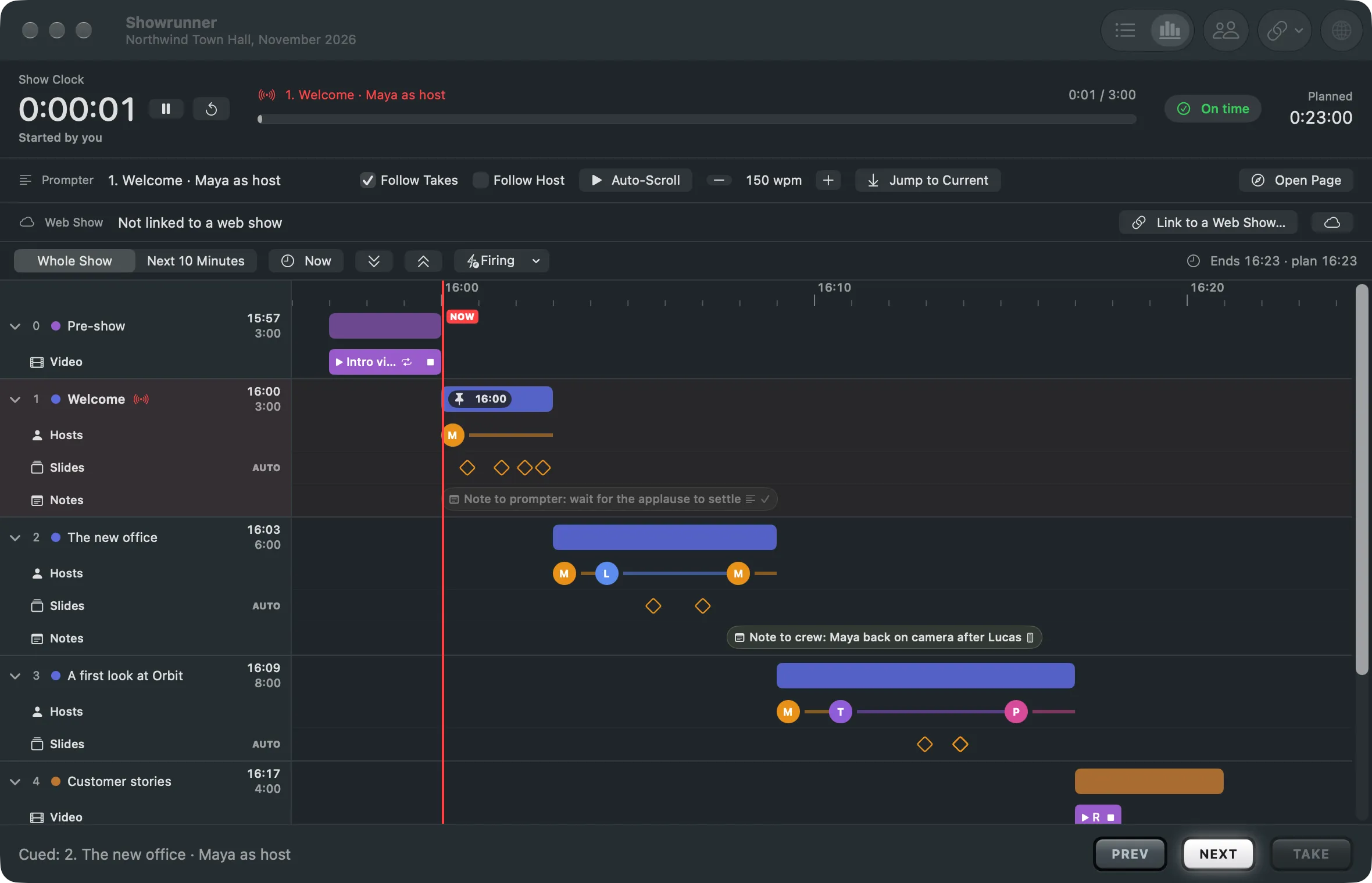 The Showrunner window in Timeline view: the sections as rows on the clock, the now line, and an expanded section with its lanes of cues