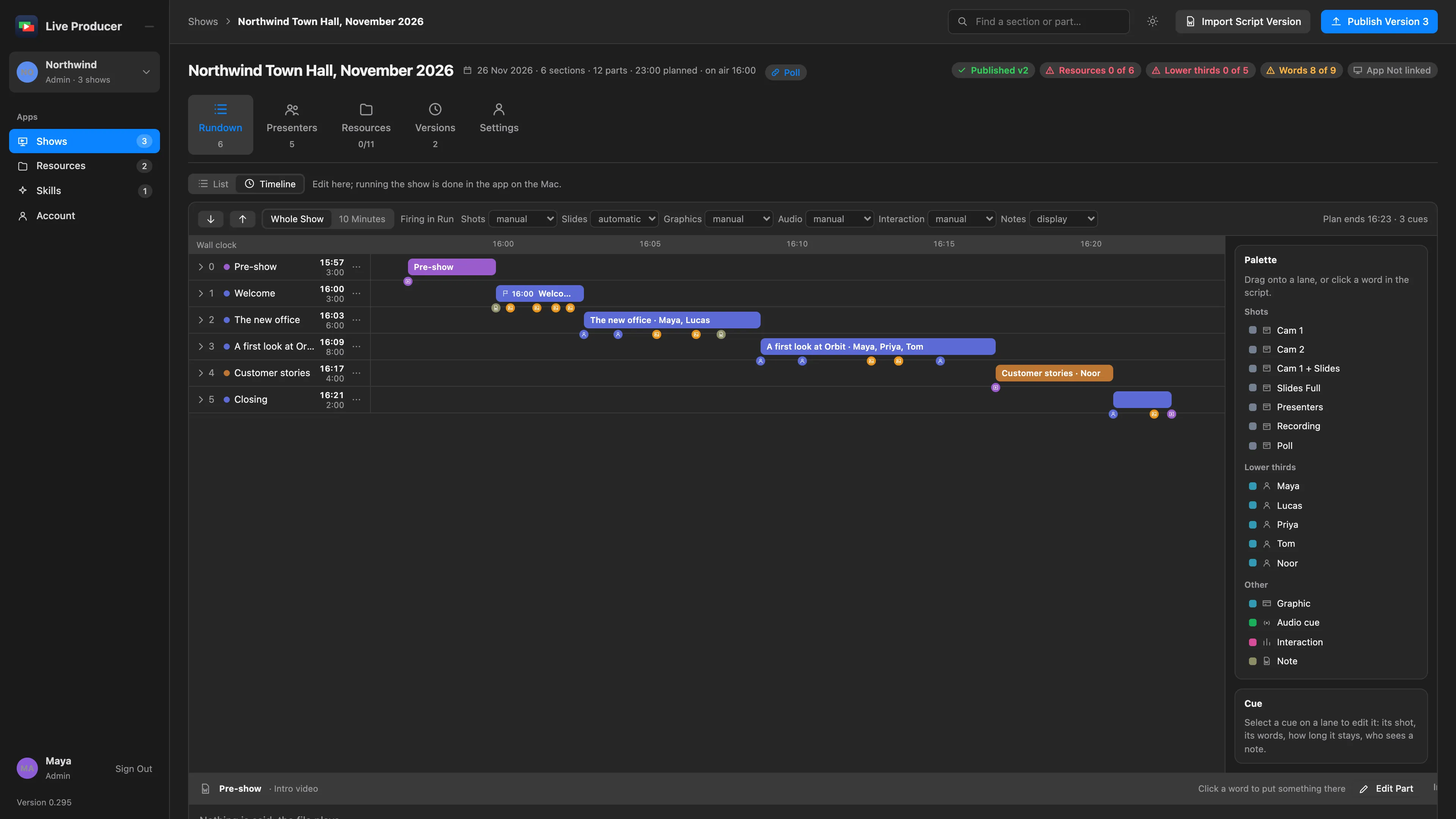 The timeline view of the rundown, with its Whole Show and 10 Minutes zoom