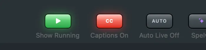 The Captions button in the main window’s toolbar, showing Captions On