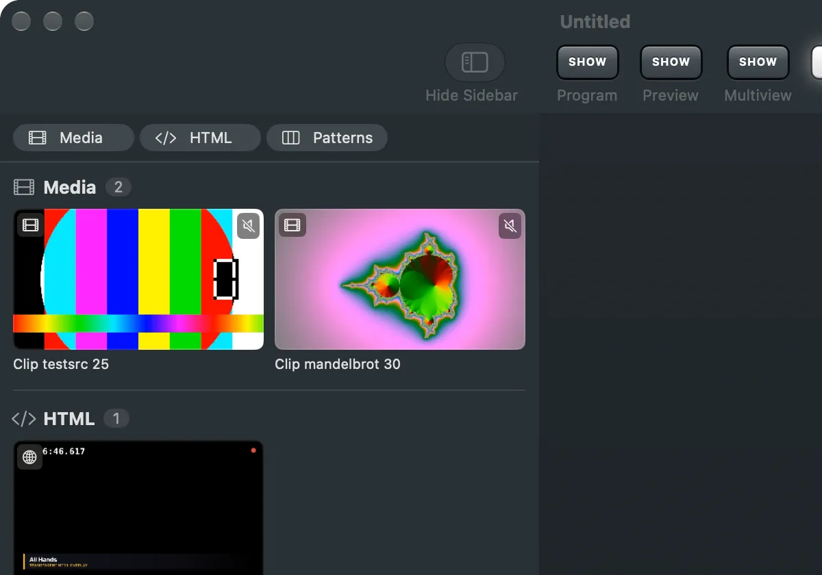 The top-left of the main window: Hide Sidebar and the Windows group of the toolbar, each key saying SHOW, over the first sources in the sidebar