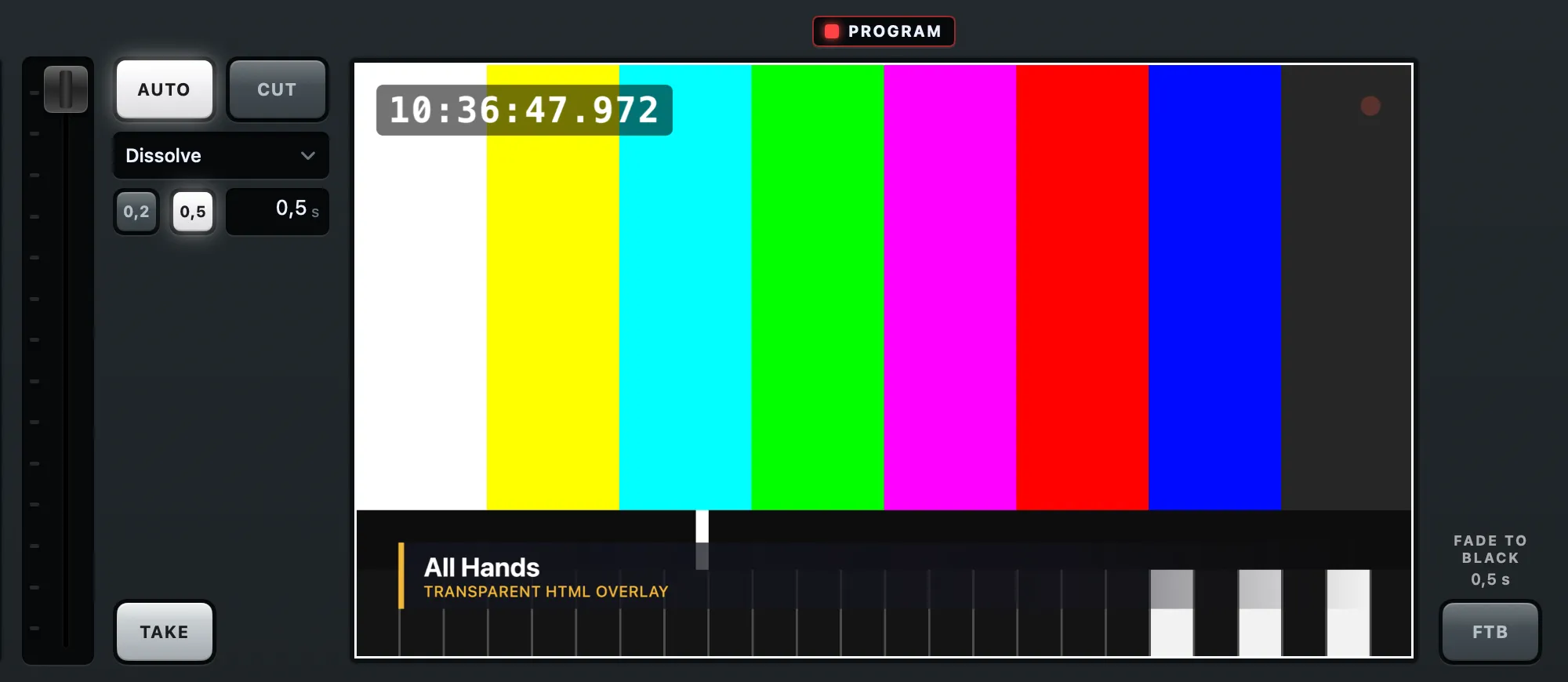 The transition column between the preview and program monitors in the Console look: the T-bar, AUTO and CUT, the Dissolve display, the 0.2 and 0.5 presets, the duration, TAKE, and FTB beside the program