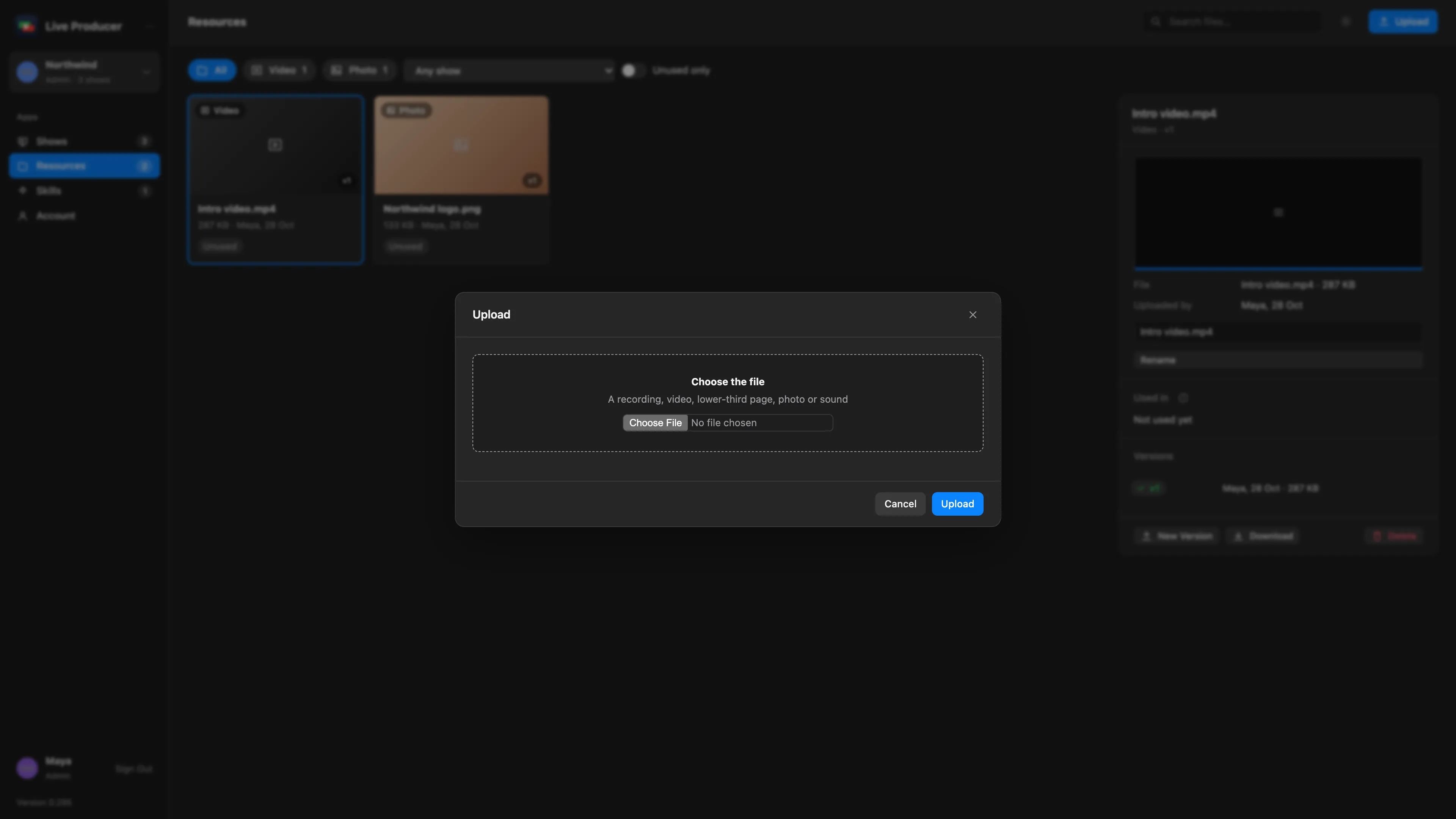 The Upload dialog on the Resources page with Choose the file