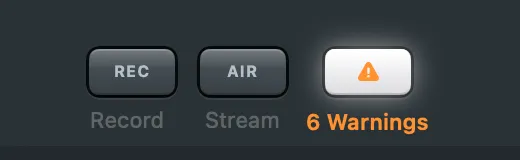 The toolbar’s output group: Record, Stream and the Warnings key in orange with its count